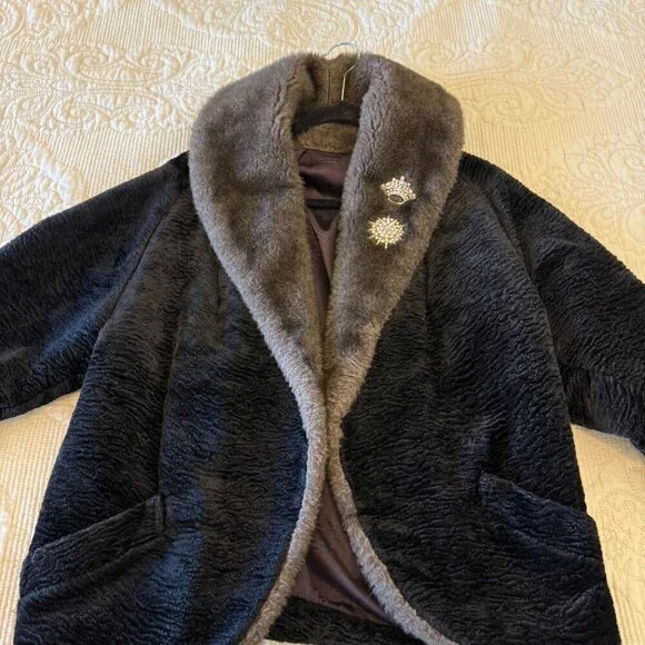 1960s AUTHENTIC vintage black velvet faux fur cropped jacket women's M / L - Picture 5 of 8